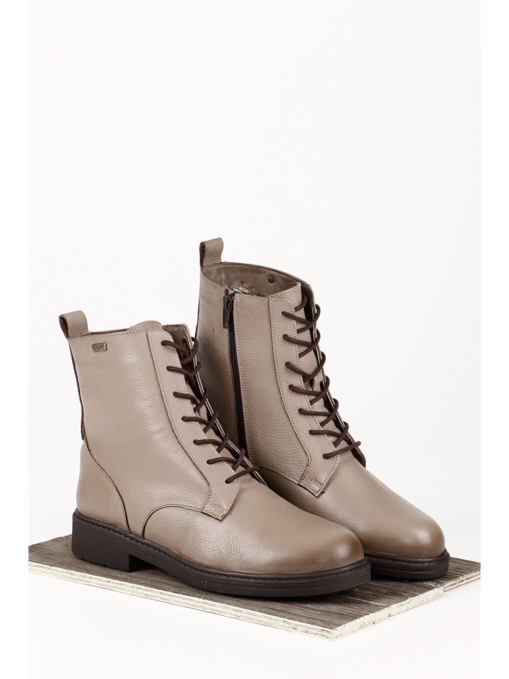 Bej VİZON  Hakiki Deri Yuvarlak Burun Kauçuk Taban Topuklu Fermuarlı Bağcıklı Kadın Günlük Postal Bot 42