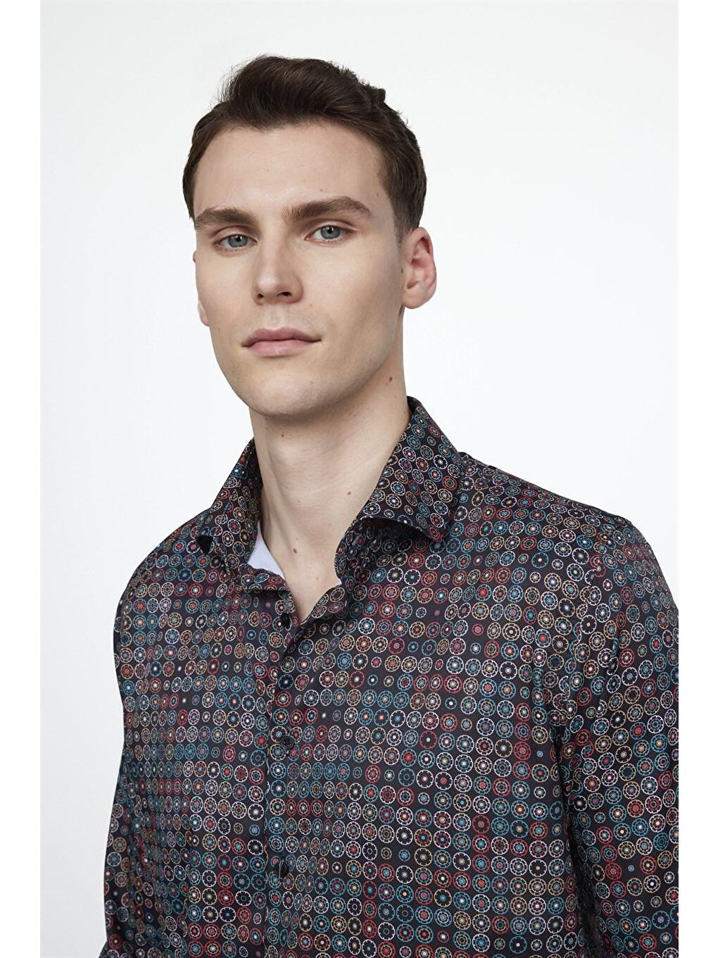 Siyah Tudors Slim Fit Dar Kesim Uzun Kollu Elastanlı Baskılı Yüksek Yaka Erkek Çok Renkli  Gömlek-2