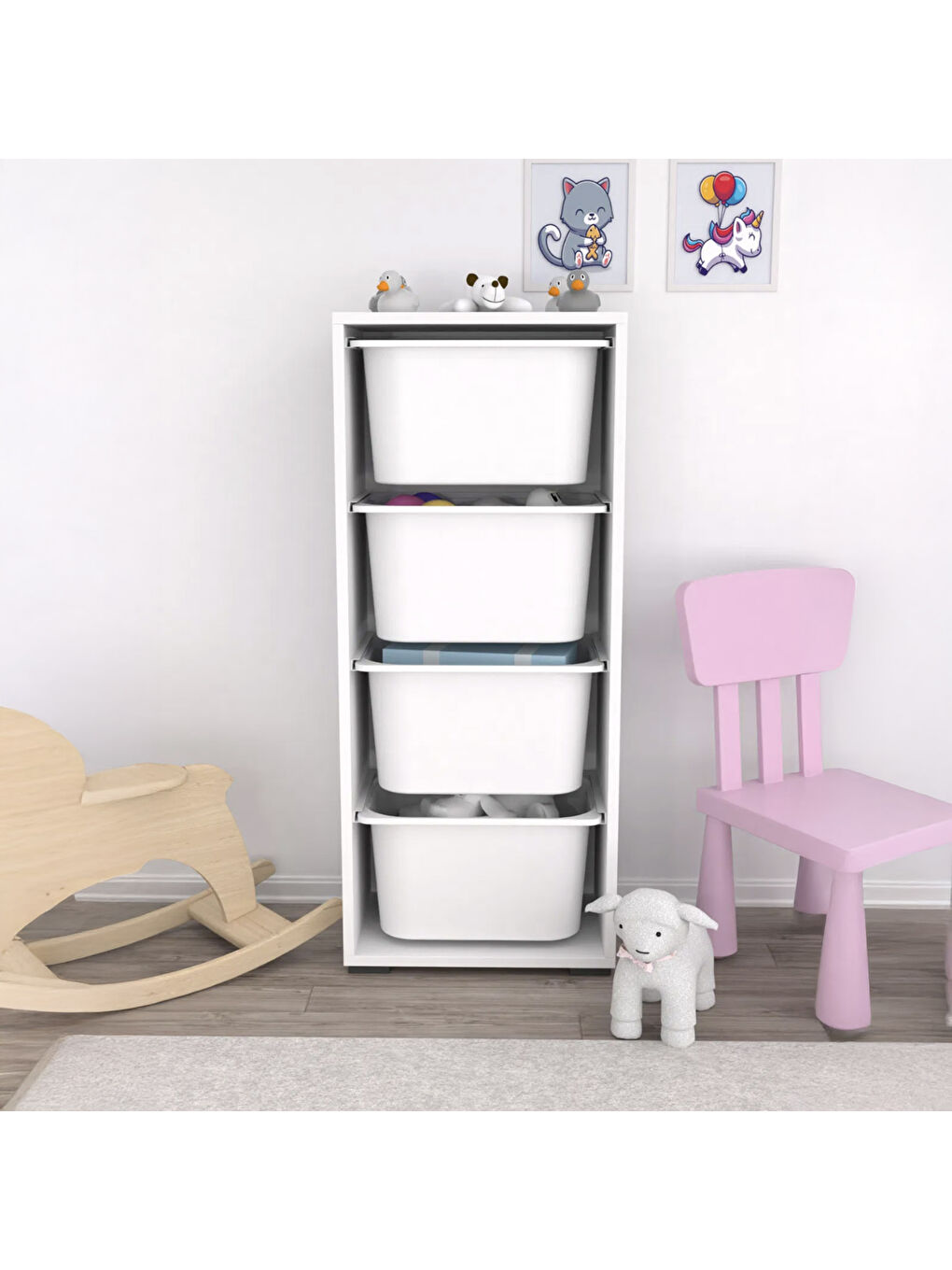 4 Derin Sepetli Çok Amaçlı Oyuncak Dolabı - Beyaz - 109x30x45,5 cm-7