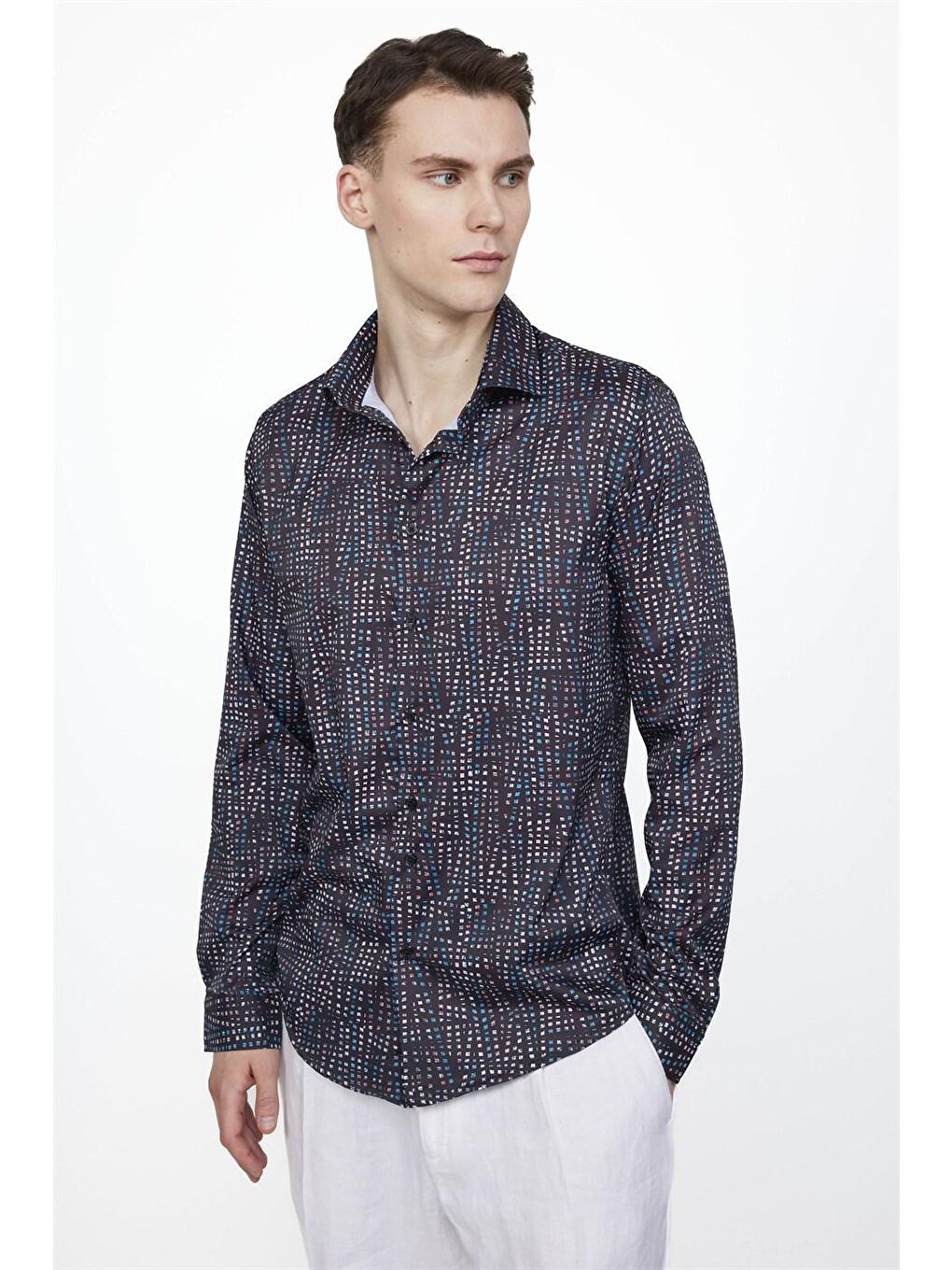 Siyah Tudors Slim Fit Dar Kesim Uzun Kollu Elastanlı Baskılı Yüksek Yaka Erkek Çok Renkli Gömlek