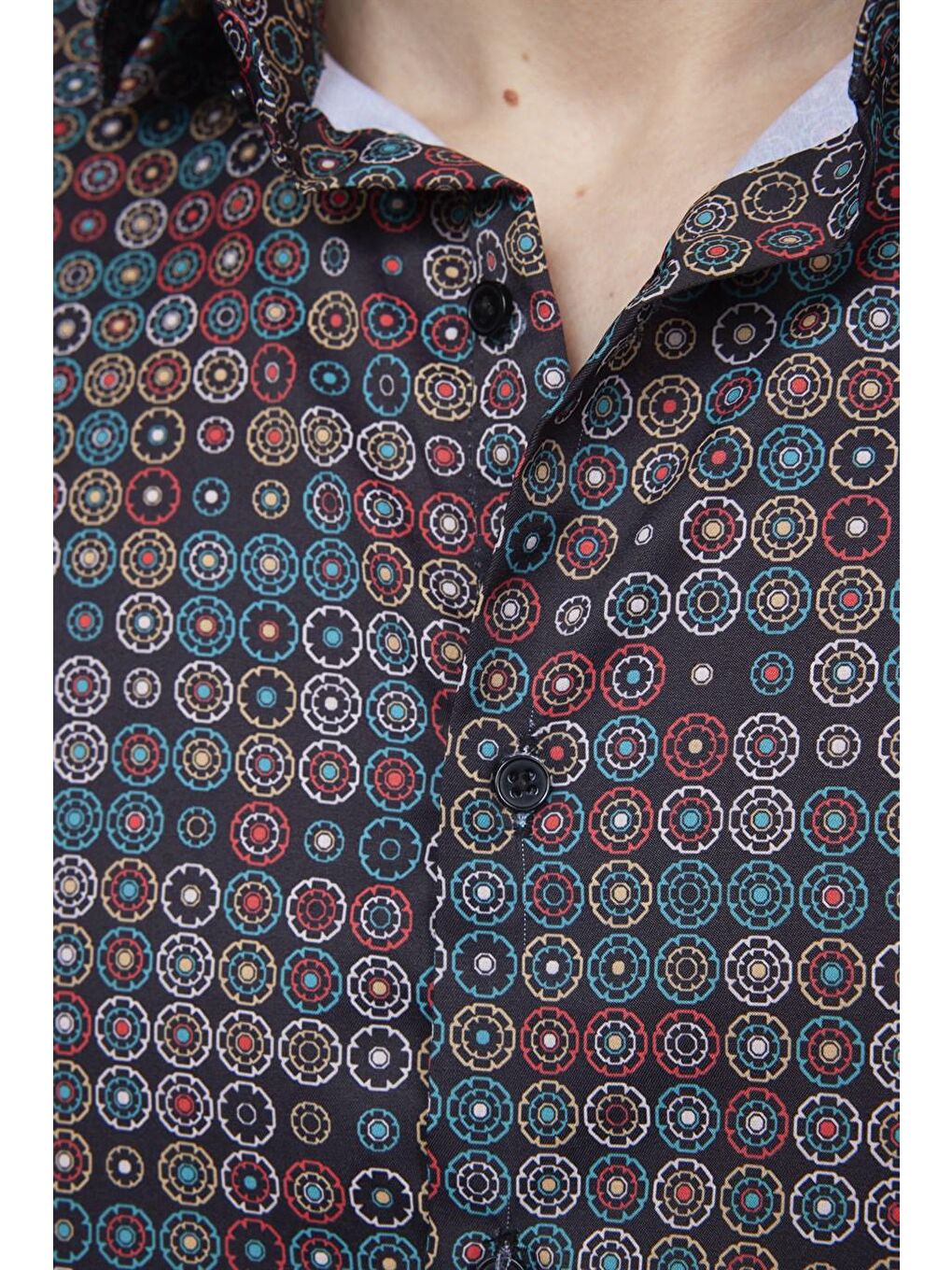 Siyah Tudors Slim Fit Dar Kesim Uzun Kollu Elastanlı Baskılı Yüksek Yaka Erkek Çok Renkli  Gömlek-4