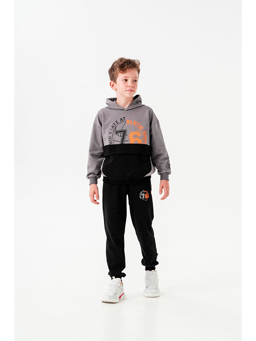 Siyah 76 State Athletic Union  Baskılı Bacak Baskı Detaylı Erkek Çocuk Alt-Üst Eşofman Takımı-1