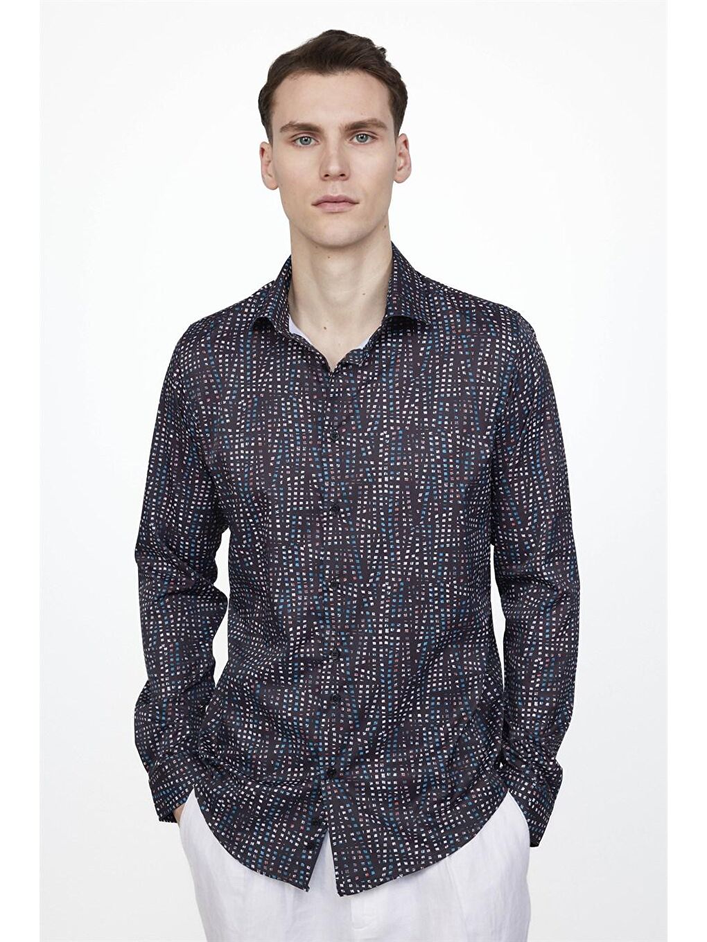 Siyah Tudors Slim Fit Dar Kesim Uzun Kollu Elastanlı Baskılı Yüksek Yaka Erkek Çok Renkli Gömlek-1
