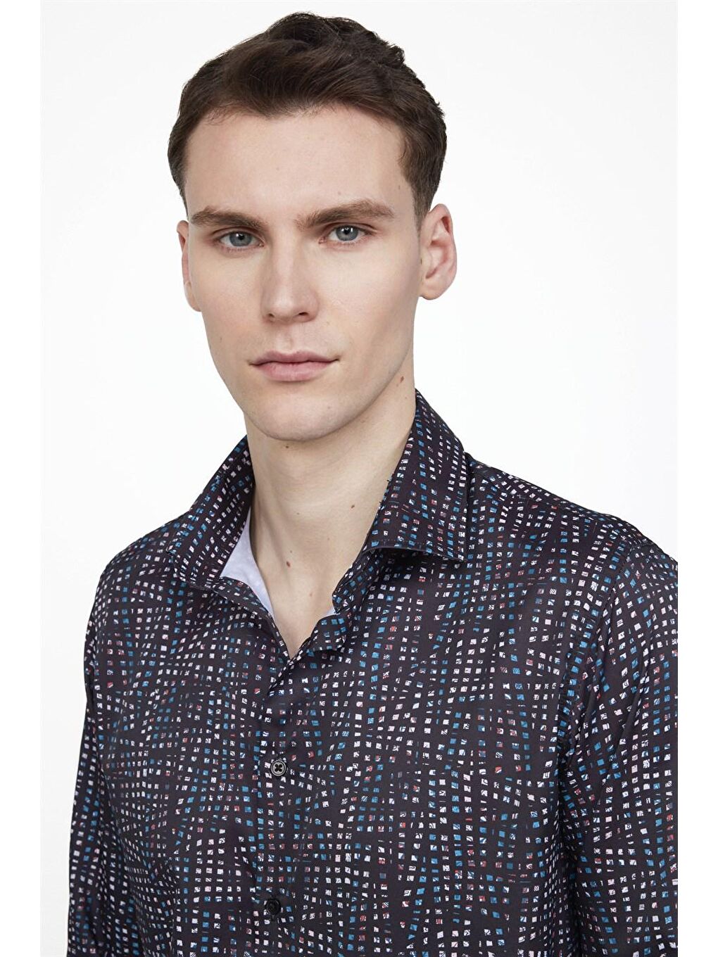 Siyah Tudors Slim Fit Dar Kesim Uzun Kollu Elastanlı Baskılı Yüksek Yaka Erkek Çok Renkli Gömlek-2