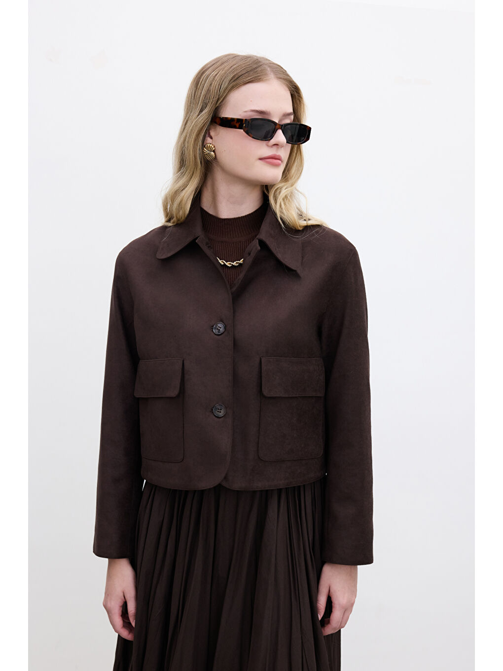 Kahverengi Suni Süet Kısa Ceket Acı Kahve