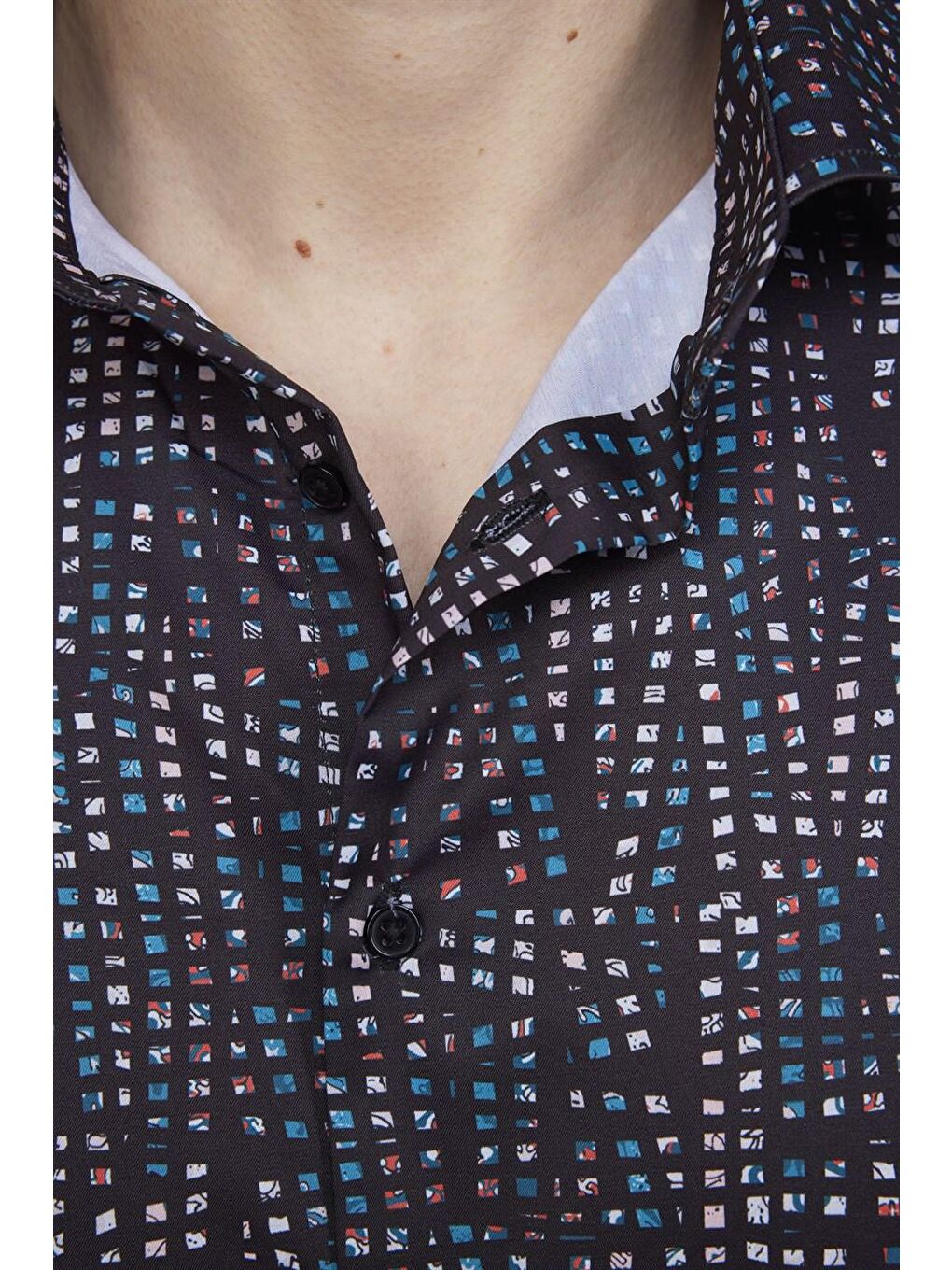 Siyah Tudors Slim Fit Dar Kesim Uzun Kollu Elastanlı Baskılı Yüksek Yaka Erkek Çok Renkli Gömlek-4