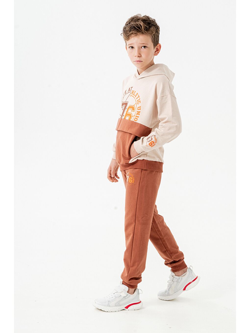 Kahverengi 76 State Athletic Union  Baskılı Bacak Baskı Detaylı Erkek Çocuk Alt-Üst Eşofman Takımı-2