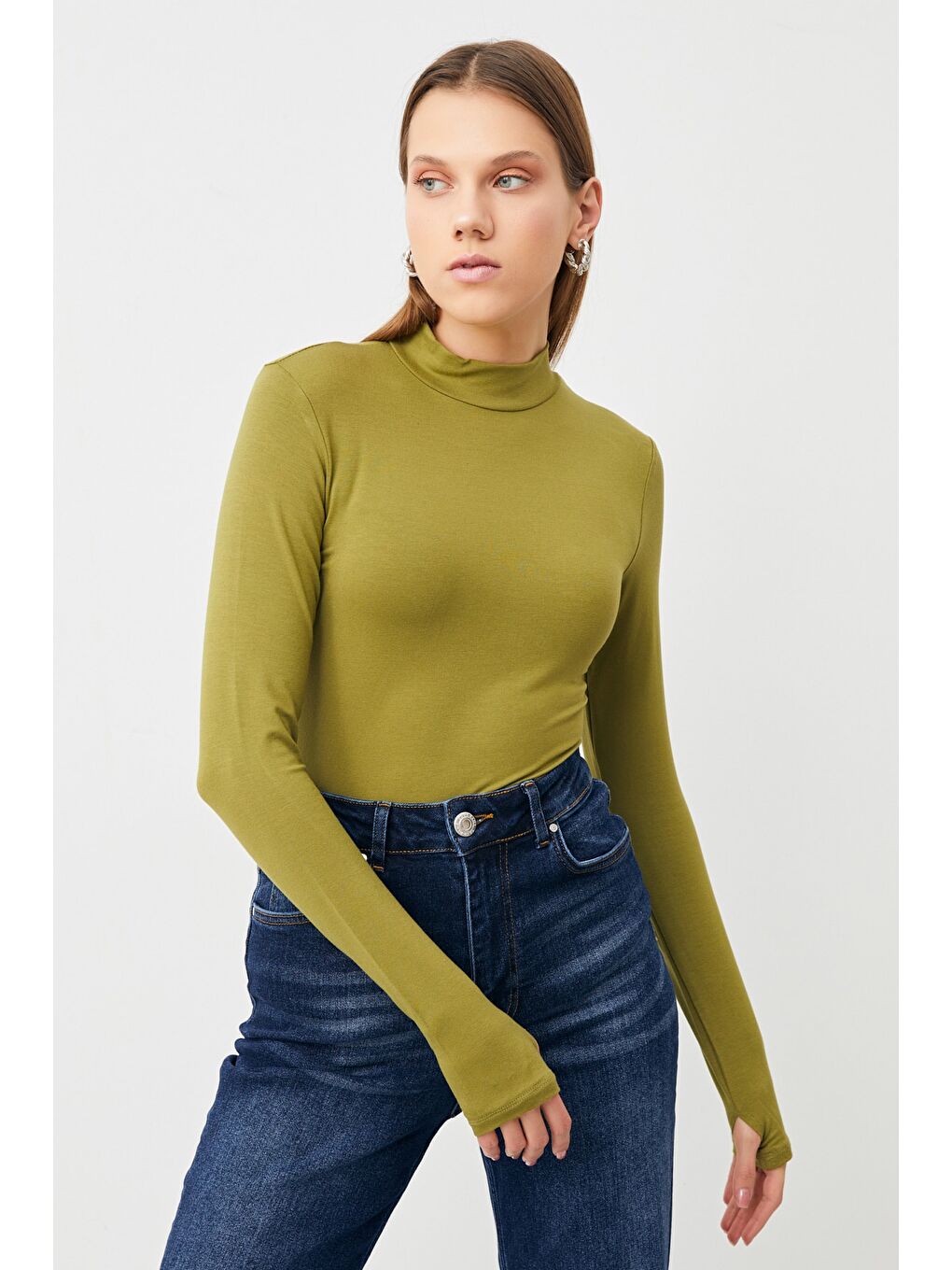 Kadın Gri Yağ Yeşili 2'li Parmak Detaylı Body-4