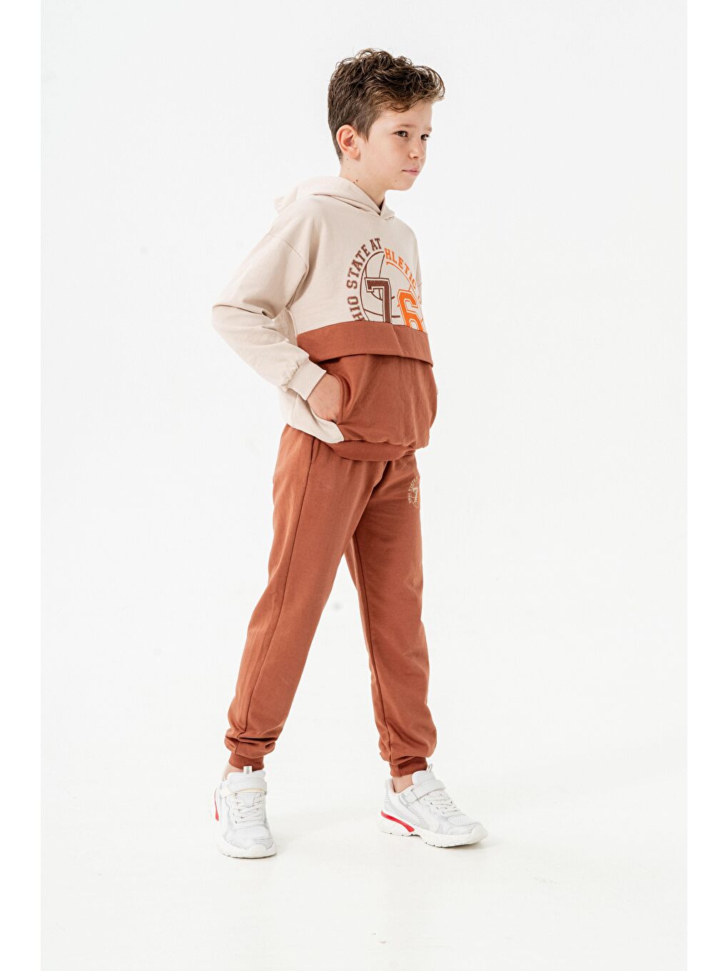 Kahverengi 76 State Athletic Union  Baskılı Bacak Baskı Detaylı Erkek Çocuk Alt-Üst Eşofman Takımı-3