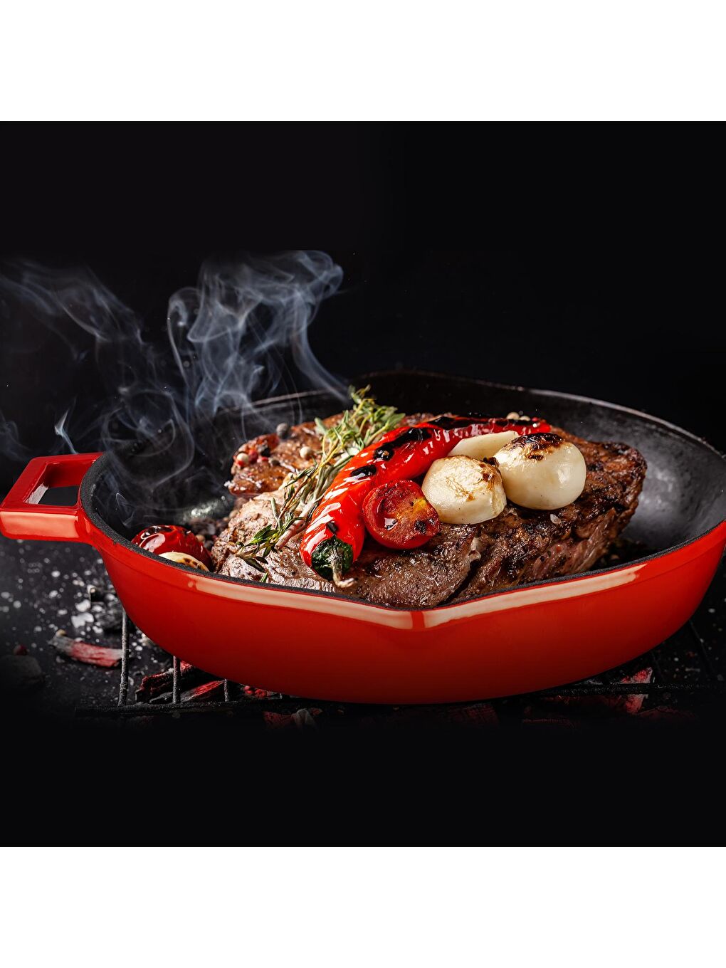 Kırmızı Yuvarlak Kızartma Tavası Cam Kapaklı Döküm Demir Yekpare Çift Kulplu Çap(Ø)26cm.-2