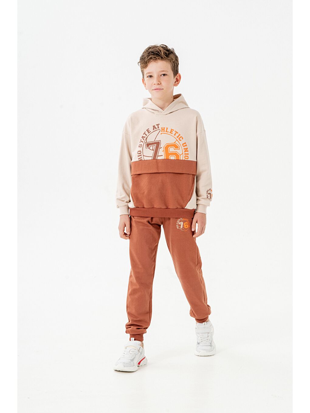 Kahverengi 76 State Athletic Union  Baskılı Bacak Baskı Detaylı Erkek Çocuk Alt-Üst Eşofman Takımı-4