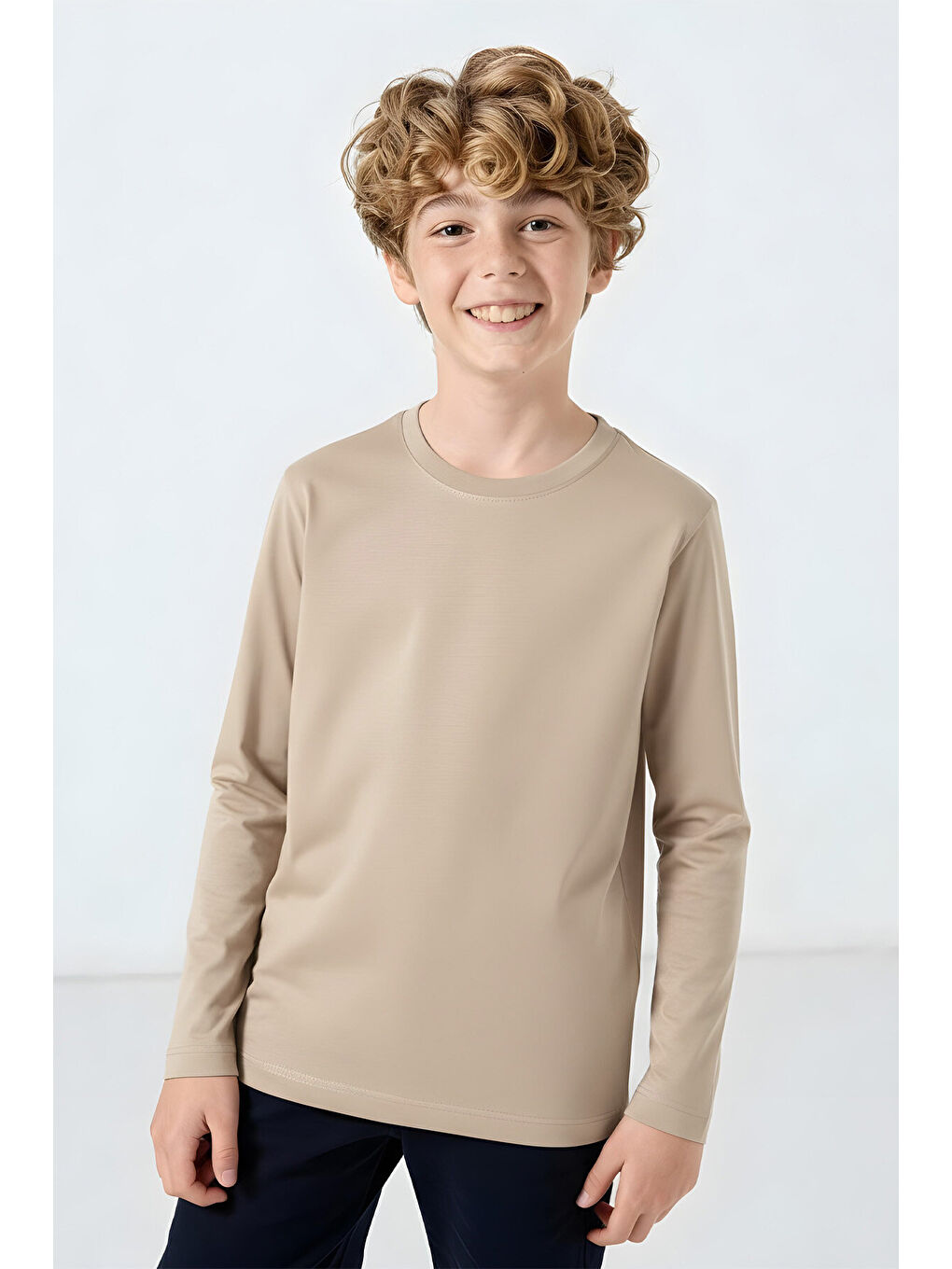 Bej O Yaka Standart Fit Basic Uzun Kollu Unisex Çocuk T-Shirt - 11329-2