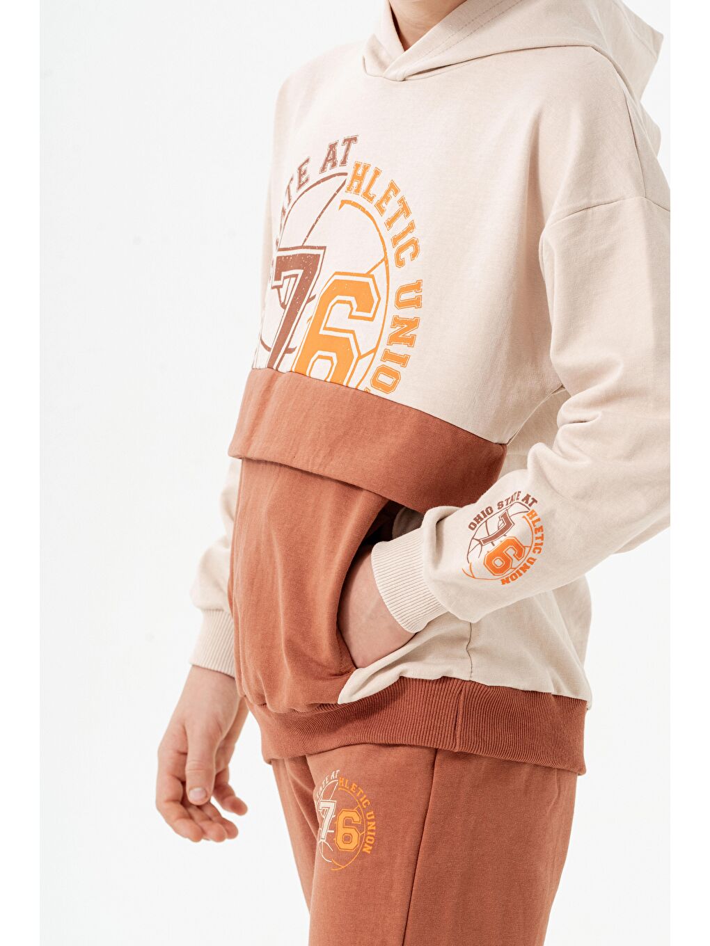 Kahverengi 76 State Athletic Union  Baskılı Bacak Baskı Detaylı Erkek Çocuk Alt-Üst Eşofman Takımı-6