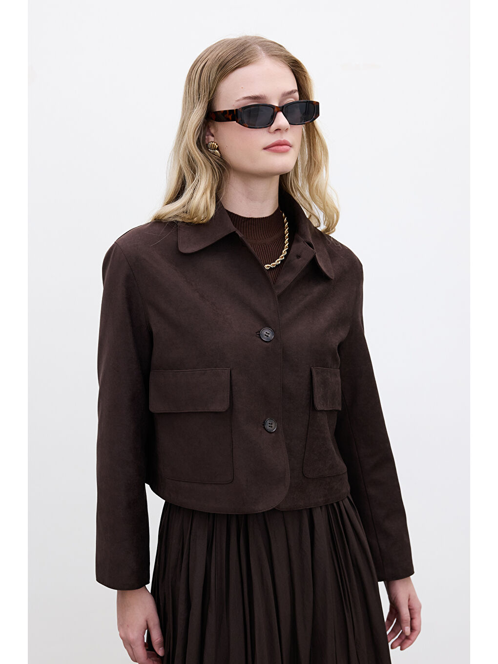 Kahverengi Suni Süet Kısa Ceket Acı Kahve-3