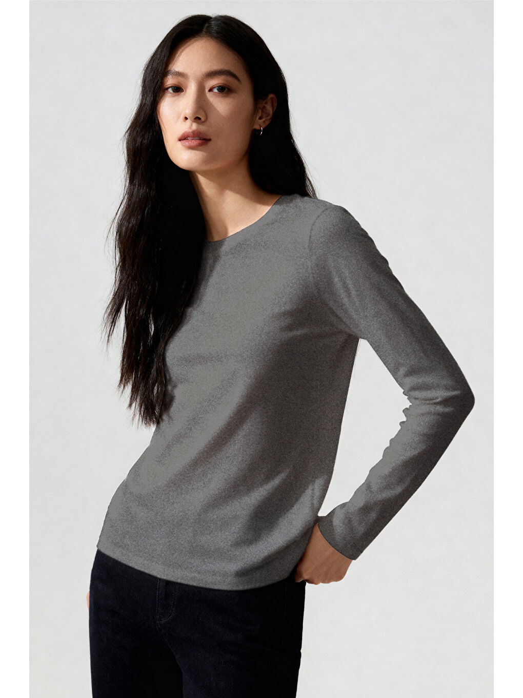 Gri Melanj O Yaka Standart Fit Uzun Kollu Basic Kadın T-Shirt - 97312-1