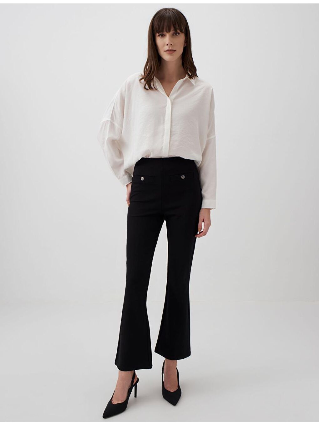 Siyah Yüksek Bel Bol Paça Fileto Cepli Pantolon