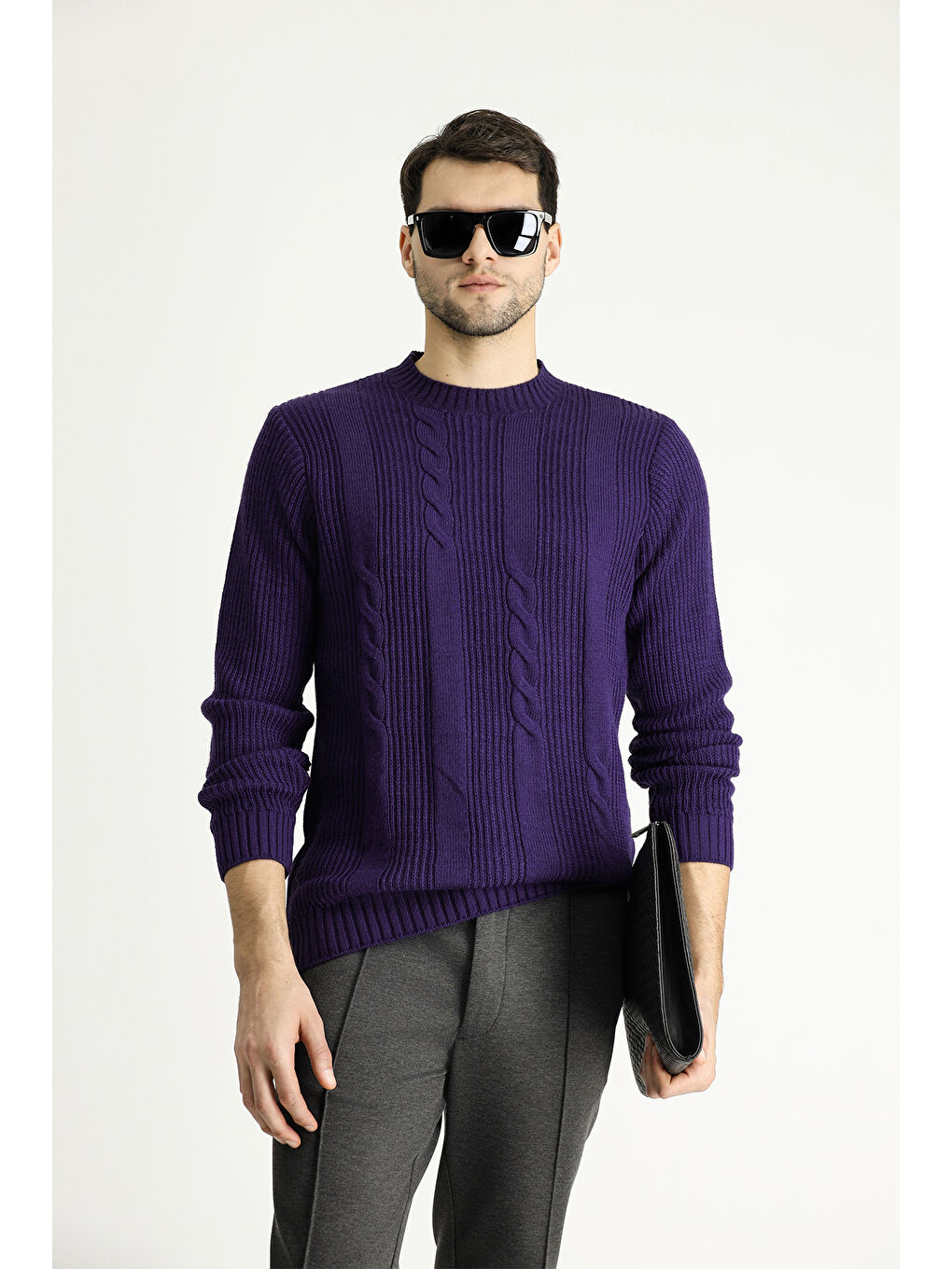 Mor Bisiklet Yaka Slim Fit Dar Kesim Desenli Triko Büyük Beden Kazak-2