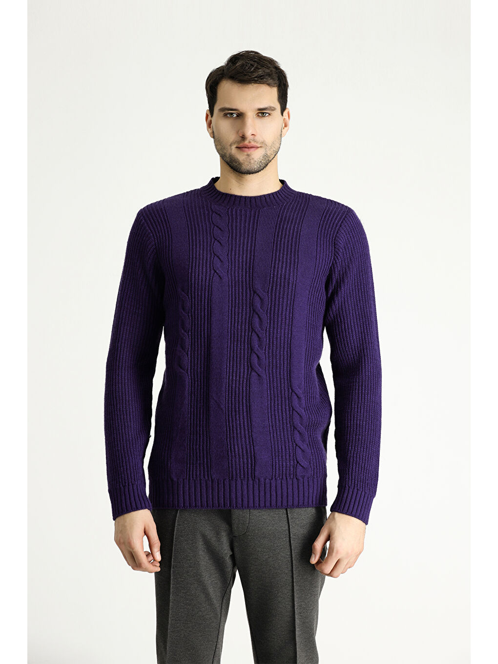 Mor Bisiklet Yaka Slim Fit Dar Kesim Desenli Triko Büyük Beden Kazak-3