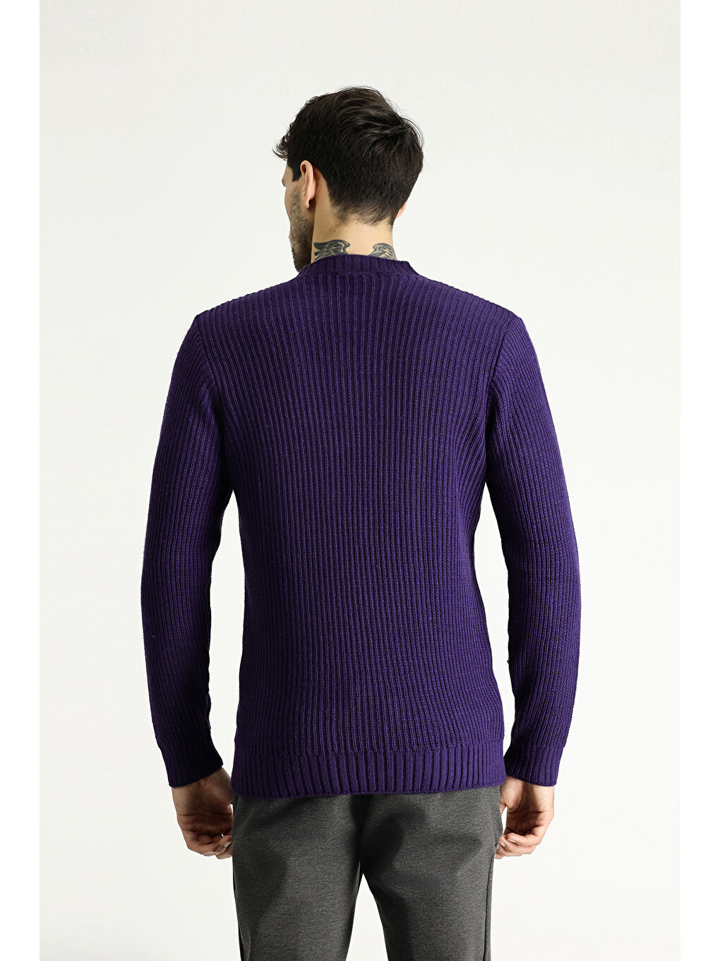 Mor Bisiklet Yaka Slim Fit Dar Kesim Desenli Triko Büyük Beden Kazak-4