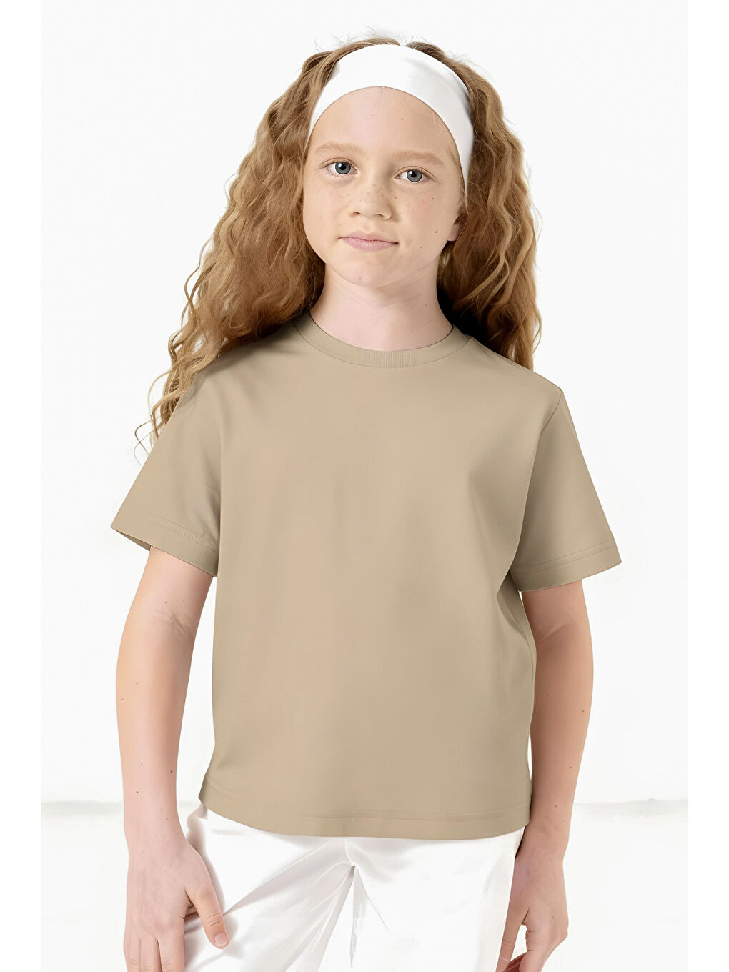 Bej O Yaka Standart Fit Basic Unisex Çocuk T-Shirt - 11328-1