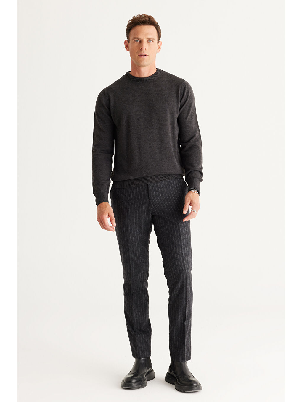 Erkek Antrasit-Melanj Anti-Pilling Tüylenme Yapmayan Standart Fit Normal Kesim Bisiklet Yaka Triko-3