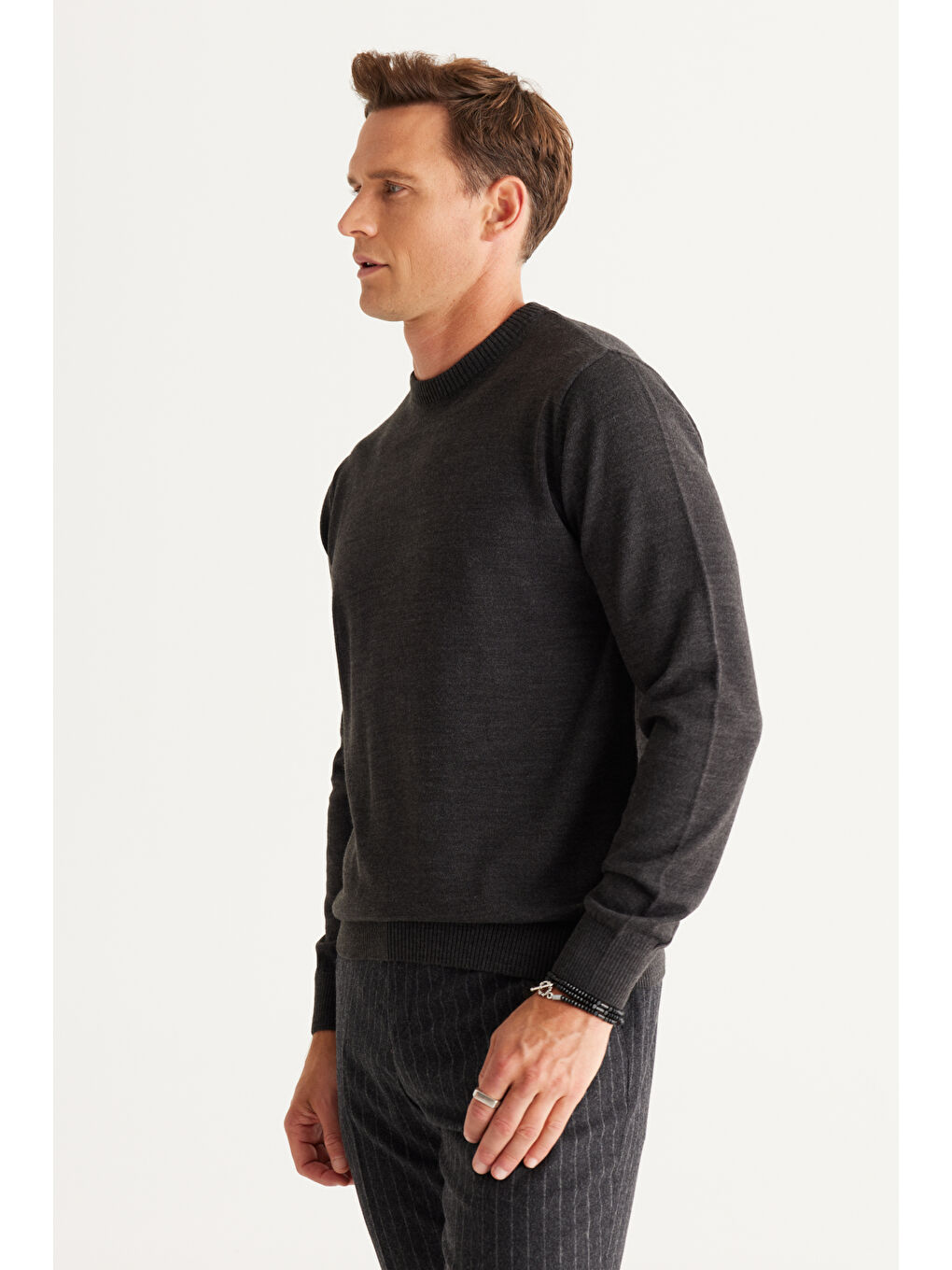 Erkek Antrasit-Melanj Anti-Pilling Tüylenme Yapmayan Standart Fit Normal Kesim Bisiklet Yaka Triko-5