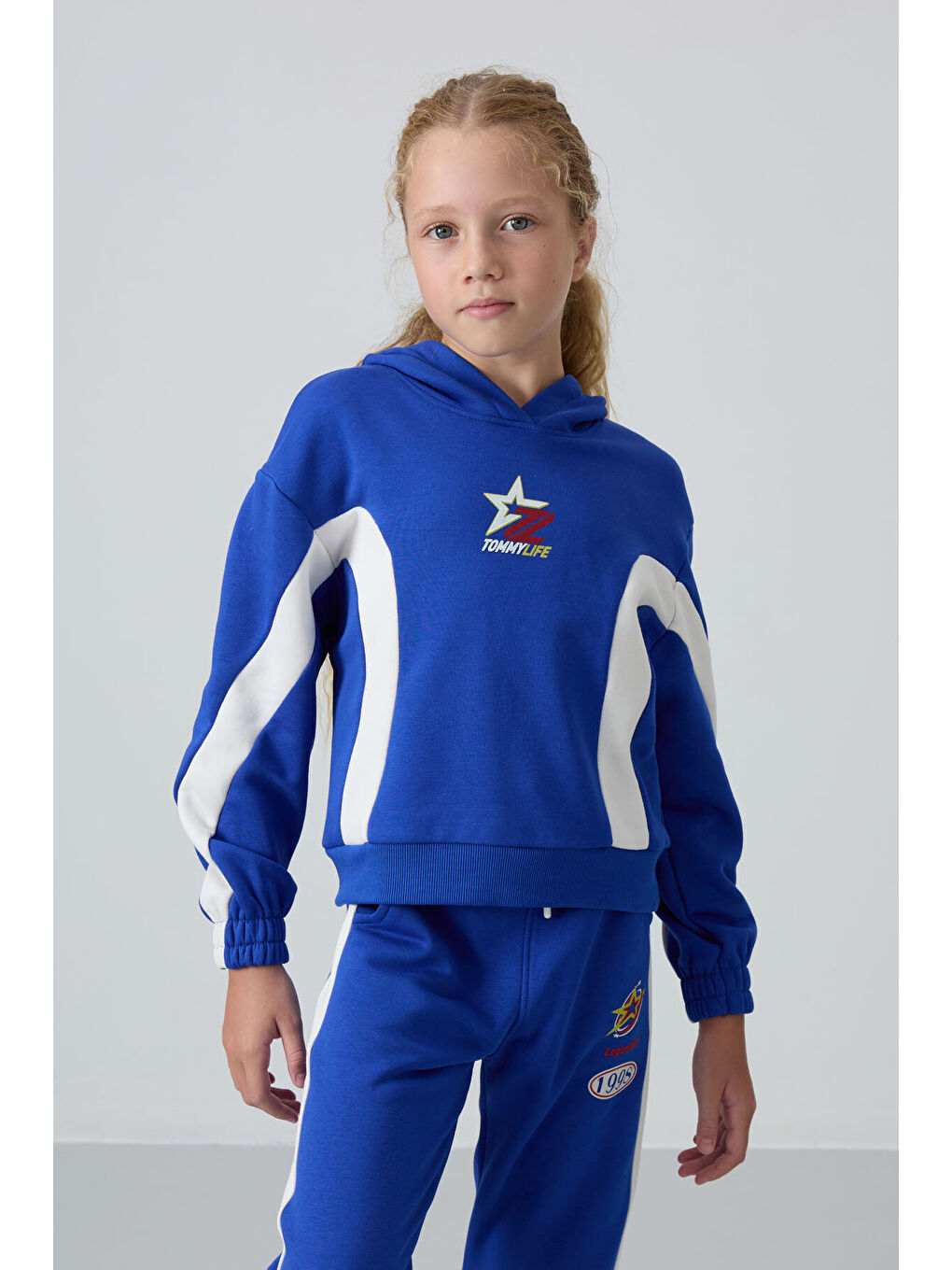 Gece Mavi Pamuklu İçi Tüylü Yumuşak Dokulu Standart Fit Baskılı Kız Çocuk Eşofman Takım - 75166-8