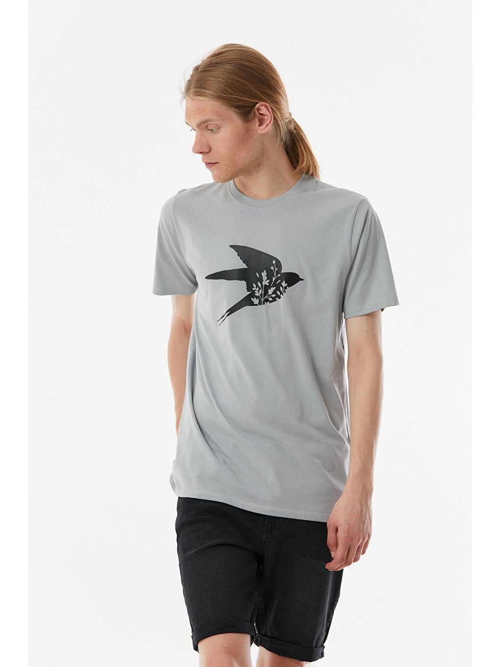 Gri Kuş Baskılı Bisiklet Yaka Tişört-2