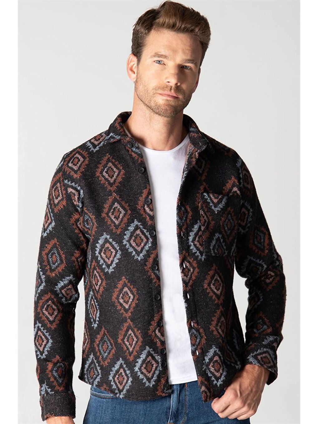 Lacivert Slim Fit Tek Cep Kışlık Etnik Desen Spor Erkek Gömlek