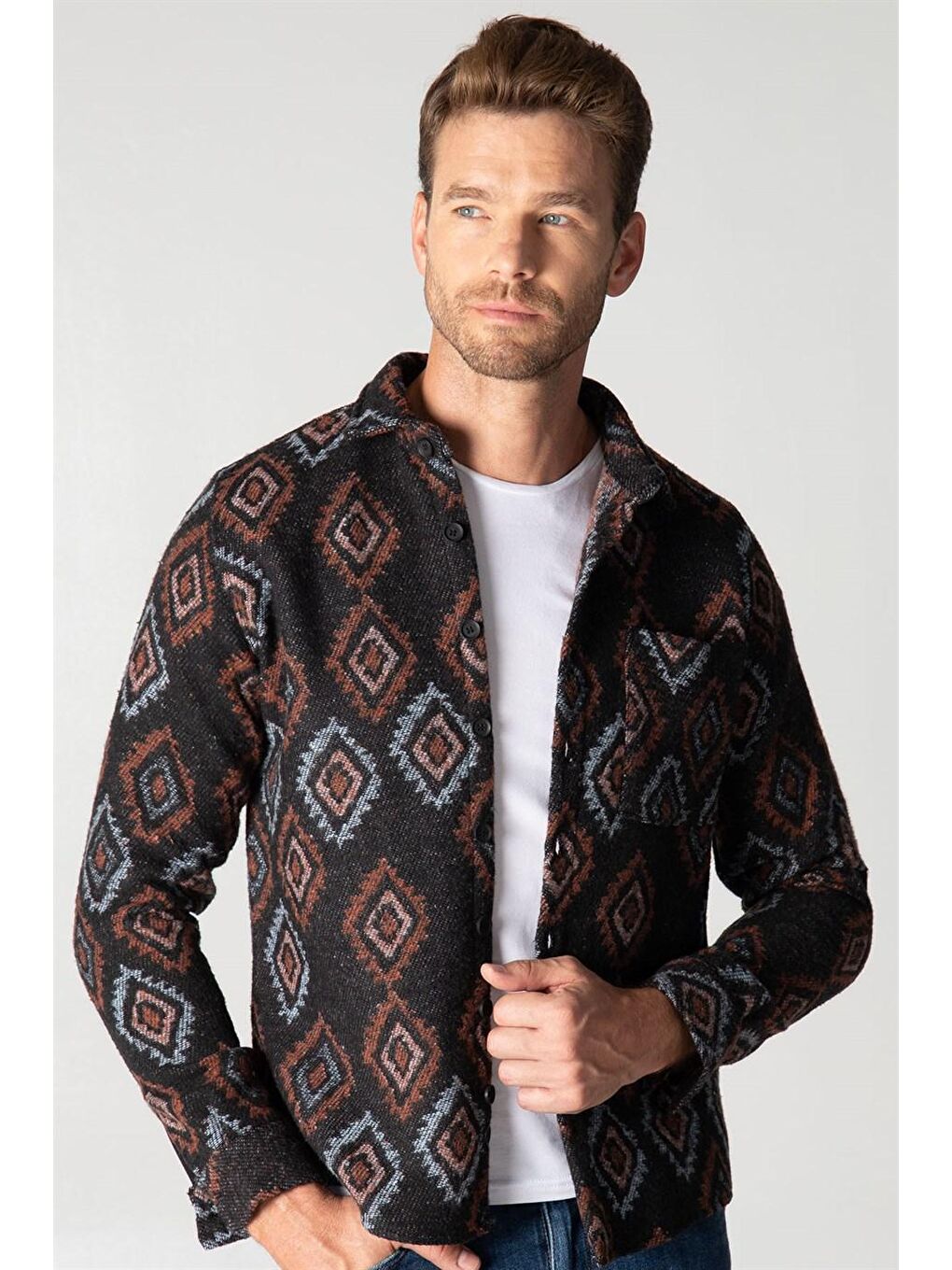 Lacivert Slim Fit Tek Cep Kışlık Etnik Desen Spor Erkek Gömlek-1