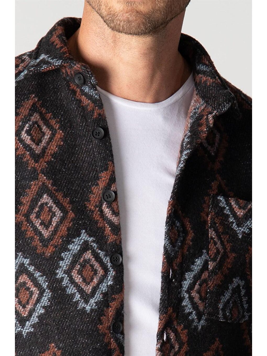 Lacivert Slim Fit Tek Cep Kışlık Etnik Desen Spor Erkek Gömlek-2