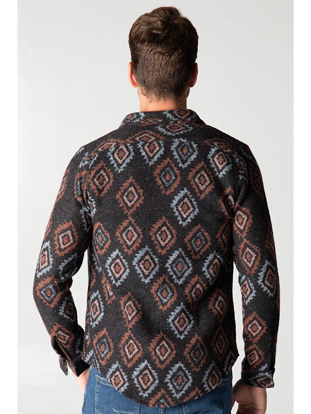 Lacivert Slim Fit Tek Cep Kışlık Etnik Desen Spor Erkek Gömlek-3
