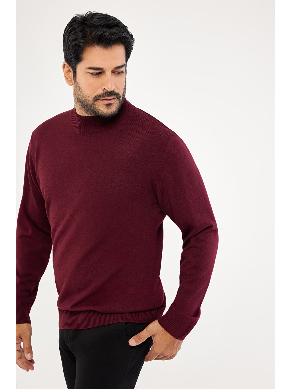 Erkek Bordo Tüylenme Yapmayan Anti-Pilling Standart Fit Yarım Balıkçı Yaka Triko Kazak-2