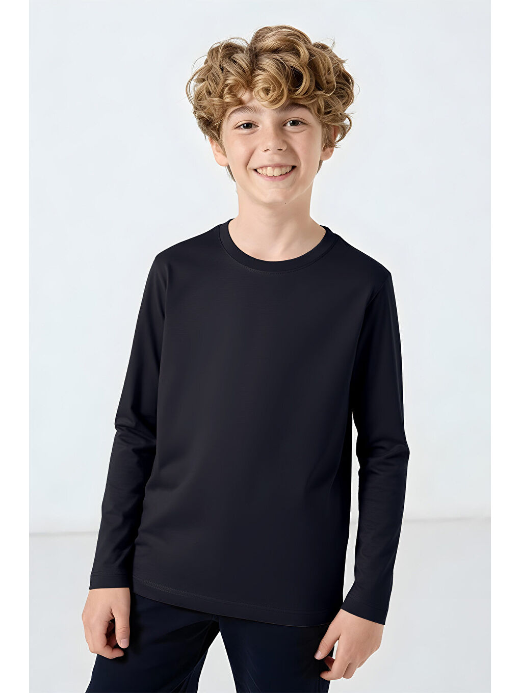 Lacivert O Yaka Standart Fit Basic Uzun Kollu Unisex Çocuk T-Shirt - 11329-2