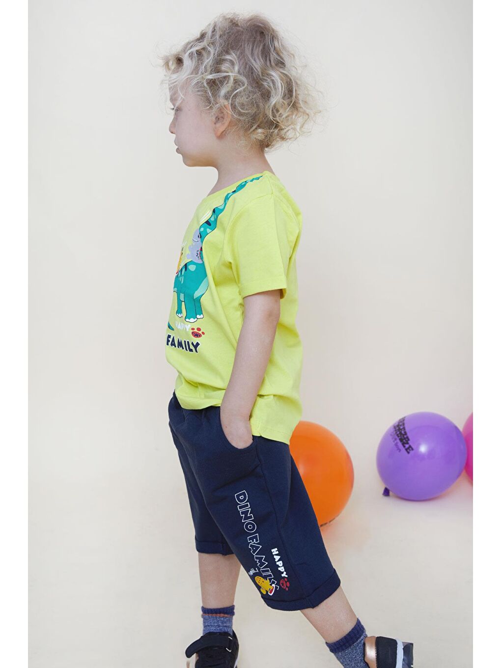Erkek Çocuk Şortlu Takım Mutlu Dinozor Aile Baskılı Sarı (1-4 Yaş)-2
