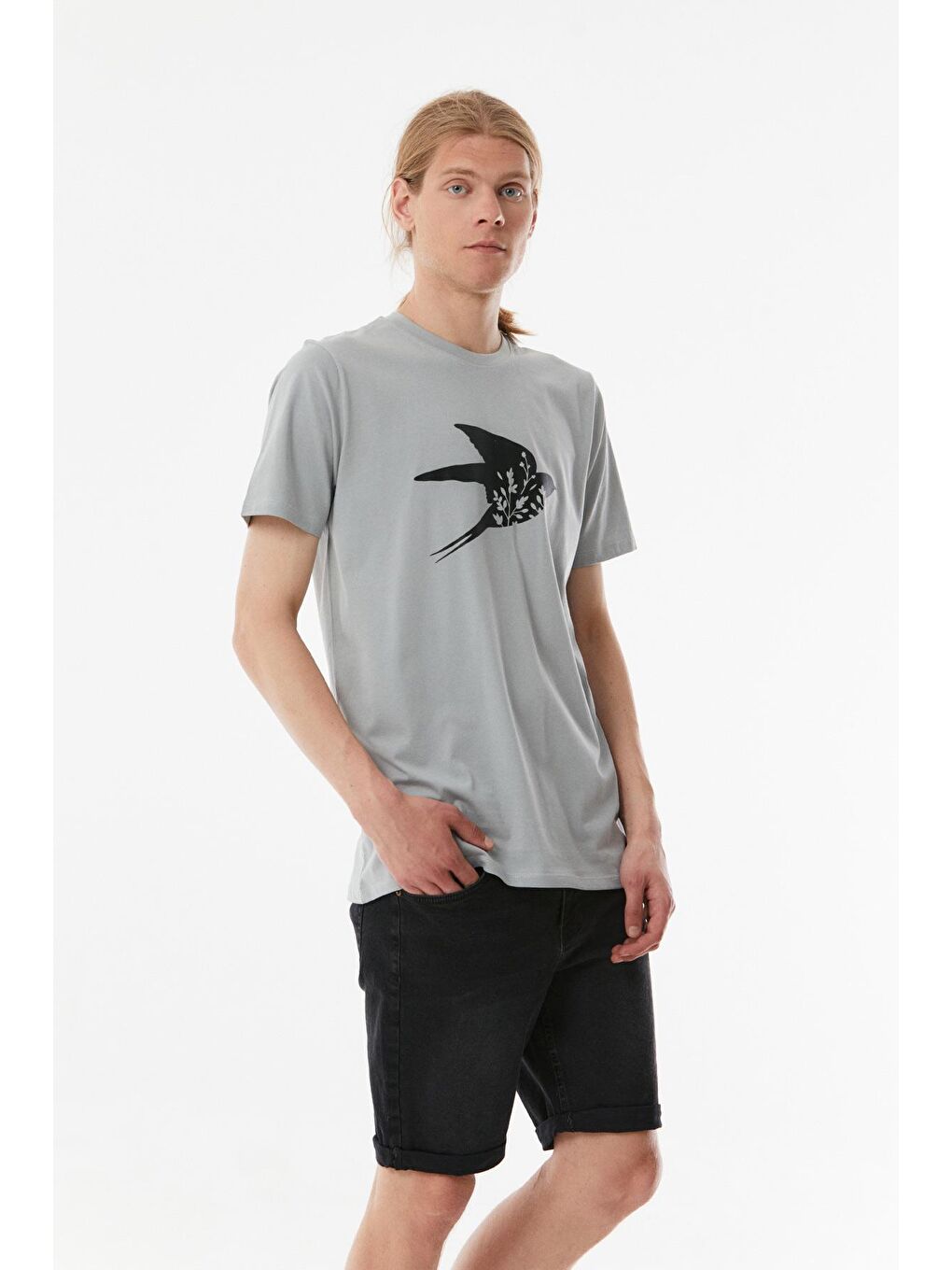 Gri Kuş Baskılı Bisiklet Yaka Tişört-4