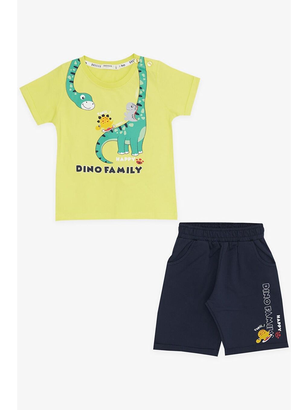 Erkek Çocuk Şortlu Takım Mutlu Dinozor Aile Baskılı Sarı (1-4 Yaş)-3