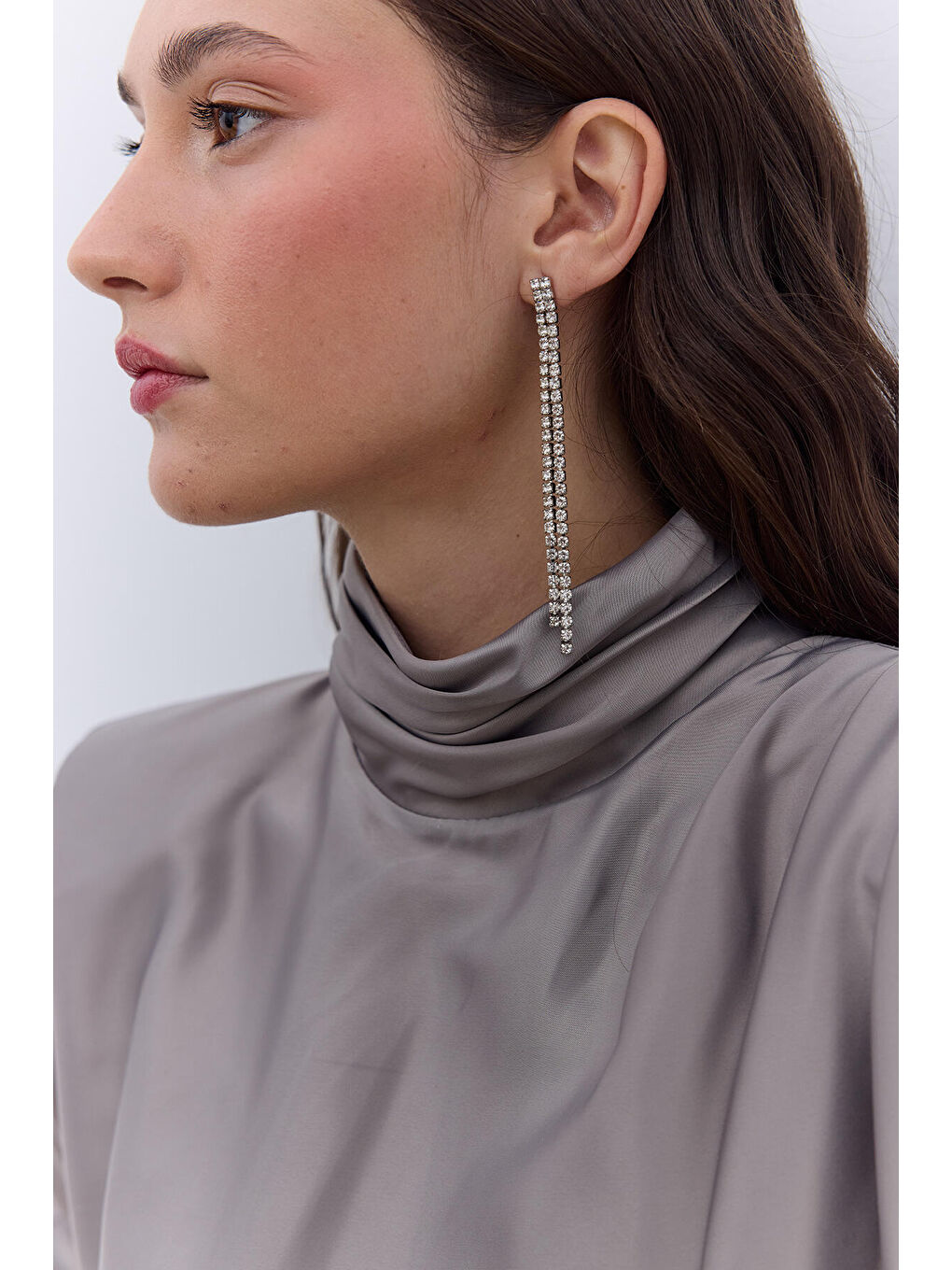 Gri Saten Omuz Drapeli Abiye Elbise Gümüş-1