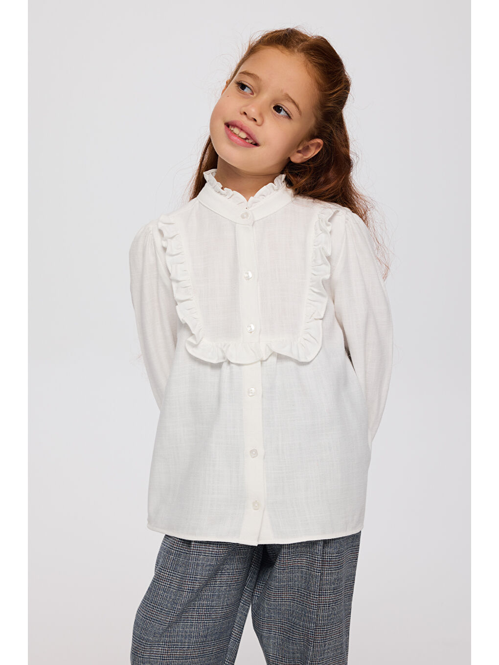 Kız Çocuk Düğmeli Ekru Gömlek-1