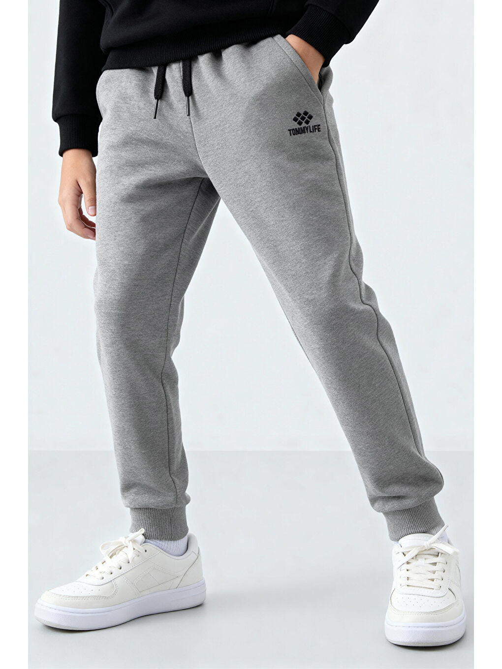 Gri Melanj Standart Fit Manşetli İnce Erkek Çocuk Eşofman Alt - 11205-1