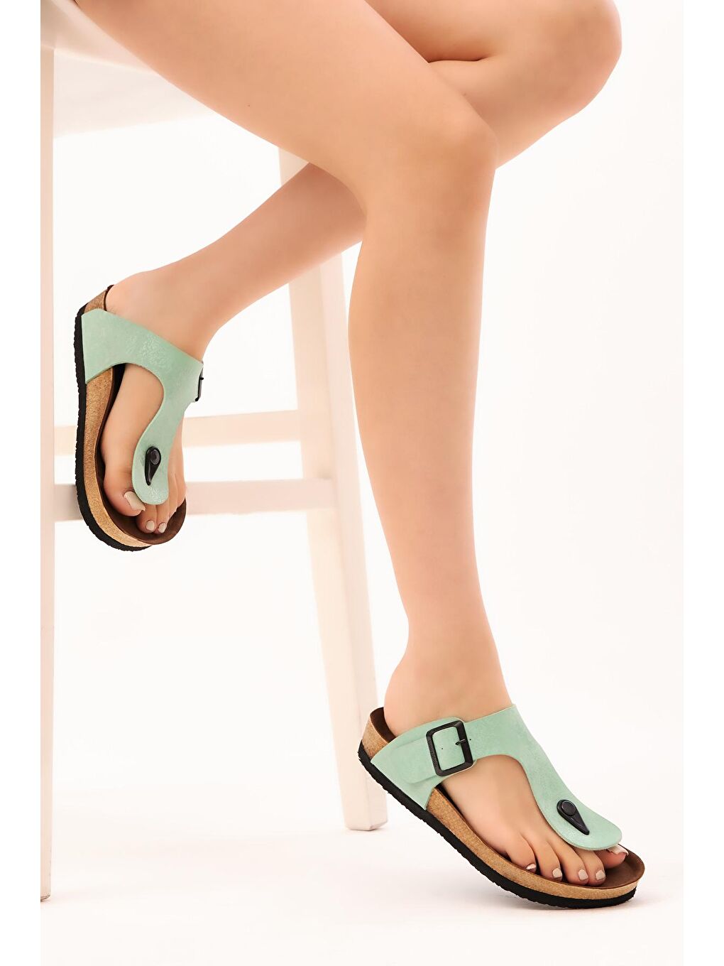 Unisex Su Yeşili Rahat Kalıp Poli Taban Tokalı Nubuk Parmak Arası Terlik-2