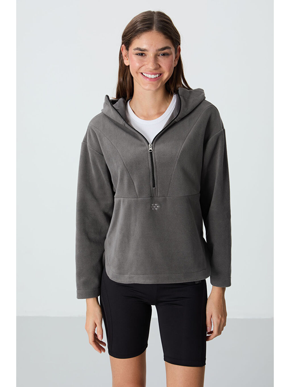 Koyu Gri Kalın Yumuşak Dokulu Kapüşonlu Oversize Nakışlı Polar Kadın Sweatshirt  97286-6