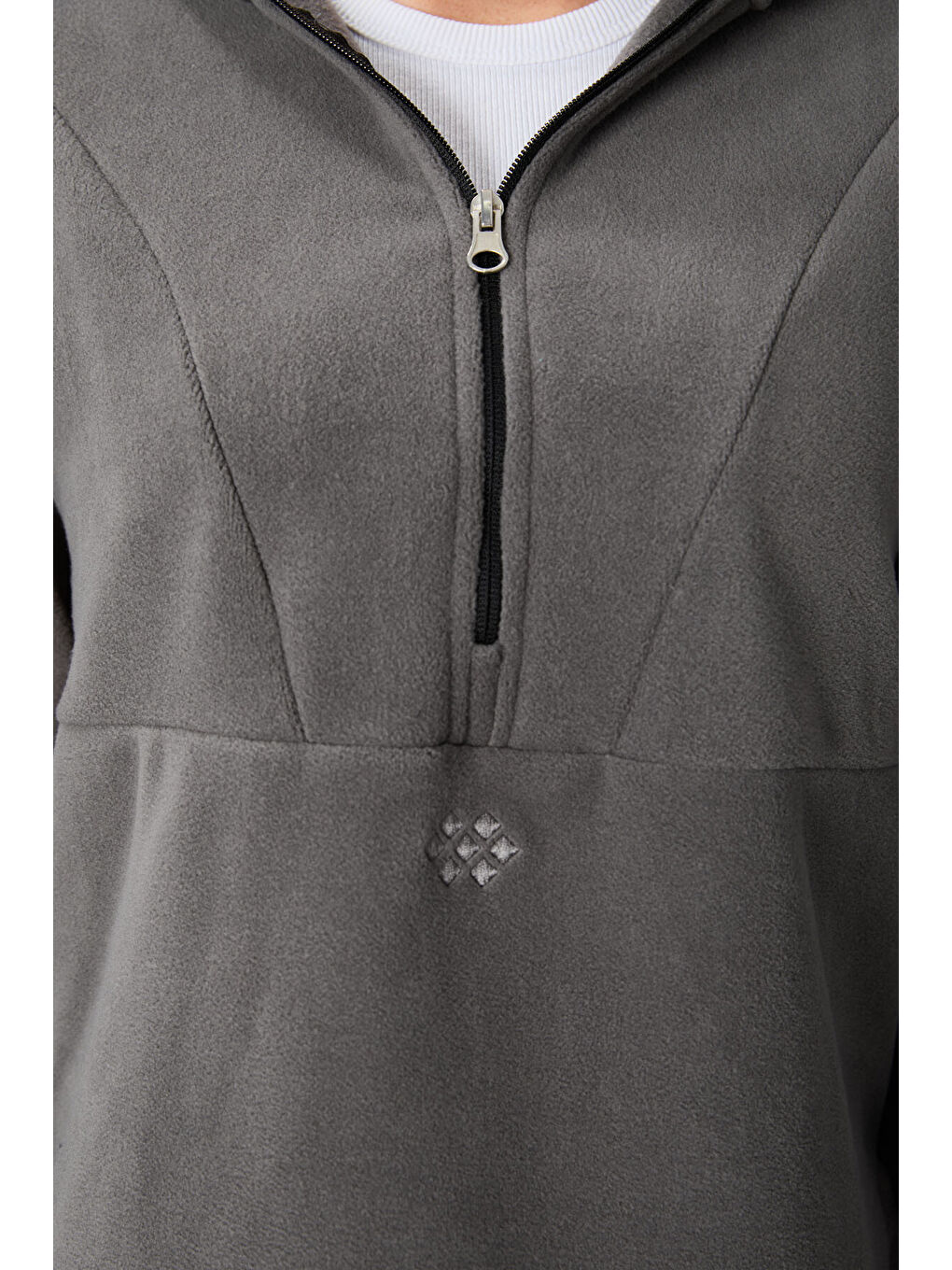 Koyu Gri Kalın Yumuşak Dokulu Kapüşonlu Oversize Nakışlı Polar Kadın Sweatshirt  97286-8