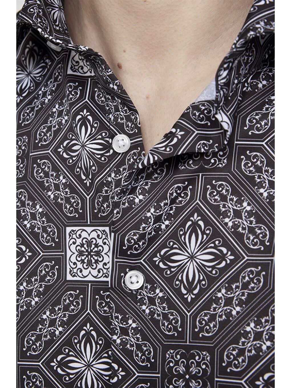 Siyah Tudors Slim Fit Dar Kesim Uzun Kollu Elastanlı Baskılı Yüksek Yaka Erkek Renkli Gömlek-4