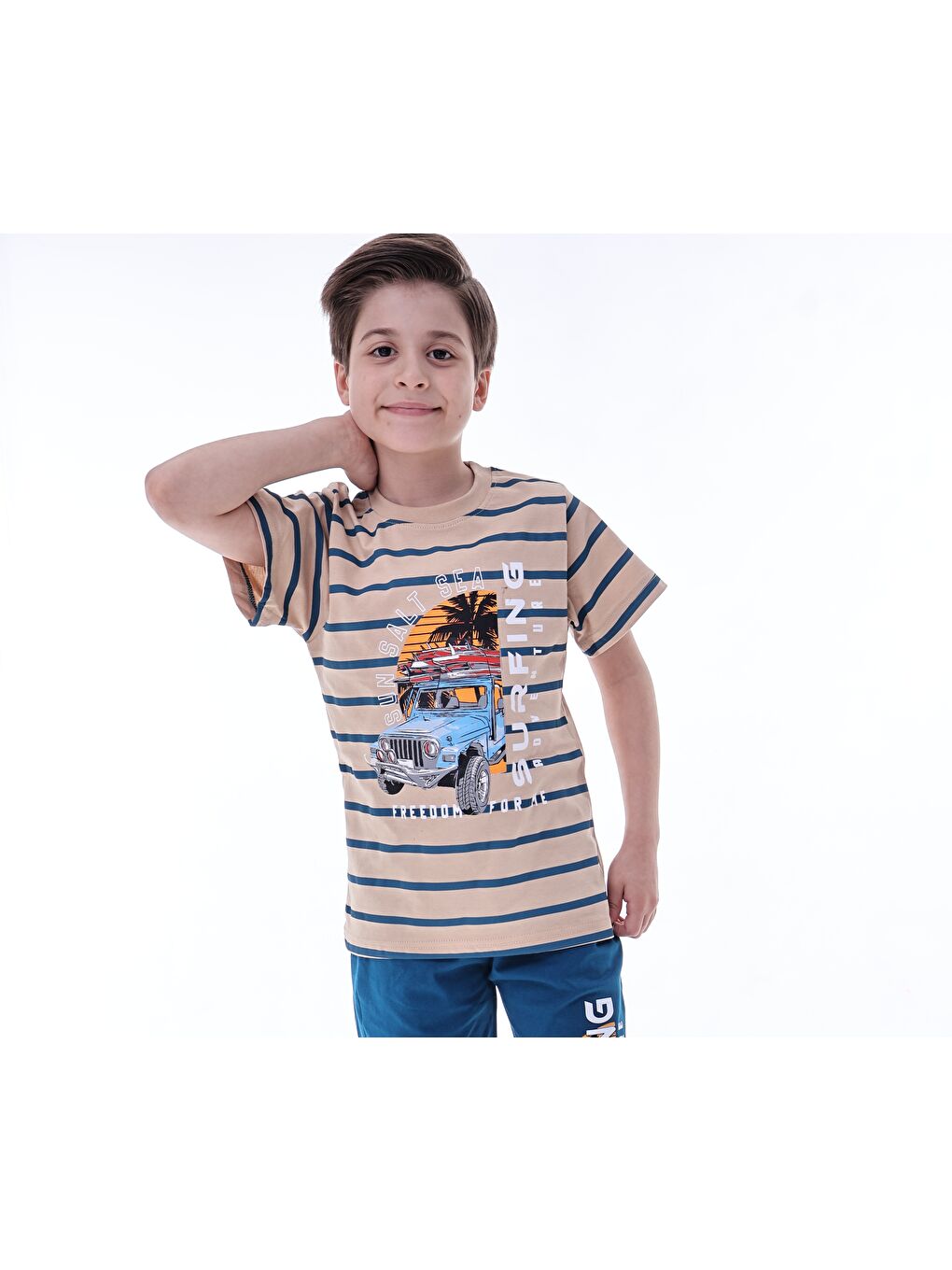 İndigo Erkek Çocuk %100 Doğal Pamuk Kısa Kollu  Kaprili Pijama Takımı-1