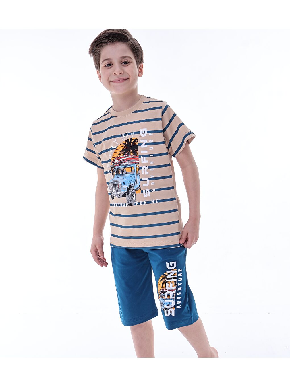 İndigo Erkek Çocuk %100 Doğal Pamuk Kısa Kollu  Kaprili Pijama Takımı-2