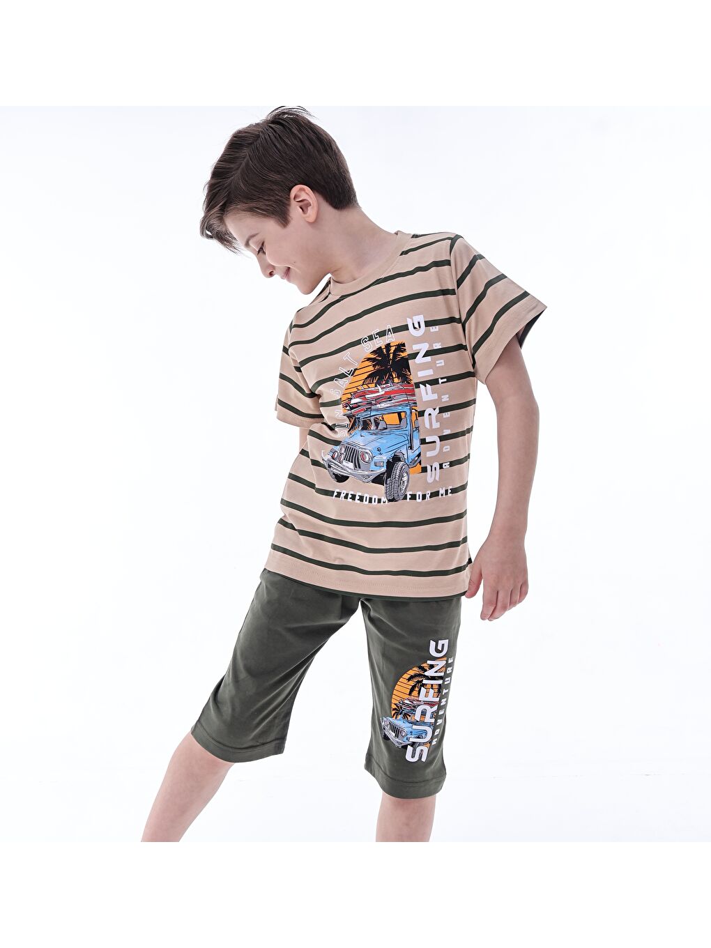 Yeşil Erkek Çocuk %100 Doğal Pamuk Kısa Kollu  Kaprili Pijama Takımı-1