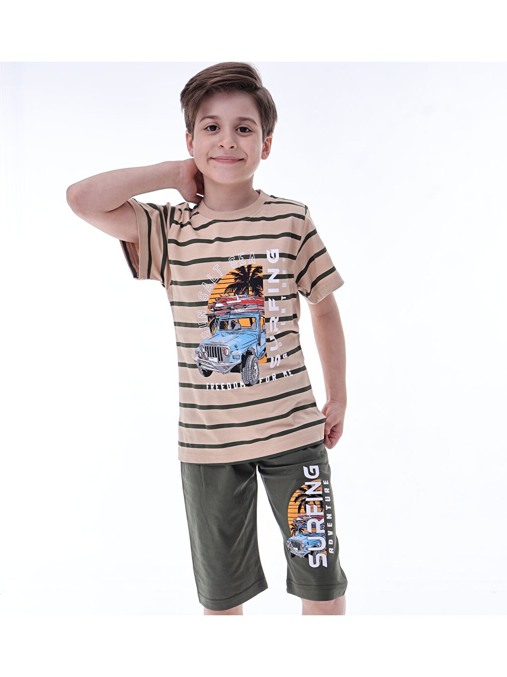 Yeşil Erkek Çocuk %100 Doğal Pamuk Kısa Kollu  Kaprili Pijama Takımı-2