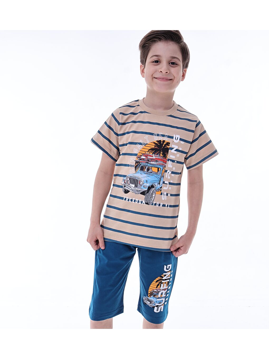 İndigo Erkek Çocuk %100 Doğal Pamuk Kısa Kollu  Kaprili Pijama Takımı-4