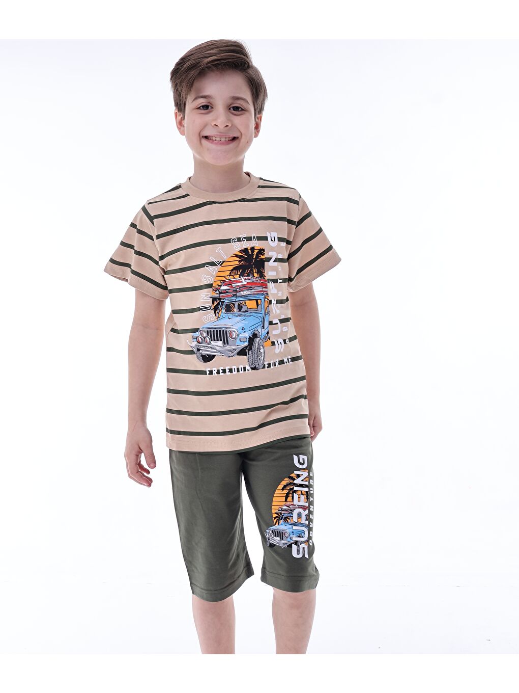 Yeşil Erkek Çocuk %100 Doğal Pamuk Kısa Kollu  Kaprili Pijama Takımı-4